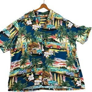 Paradise Bay Hawaiian Shirt Mens 3XL Blue Woodie Car Surfboard Rayon Excellent